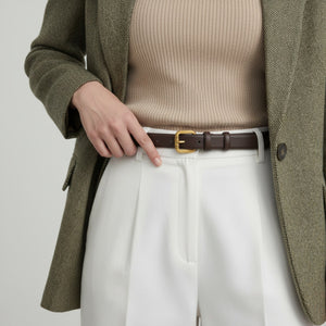 Brown cowhide leather belt with golden buckle, classic casual accessory.