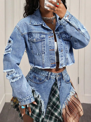 Distressed Cropped Denim Jacket, model styling view
