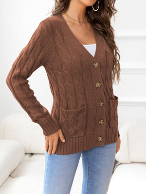 Chestnut textured cable-knit cardigan with buttons and pockets, acrylic.