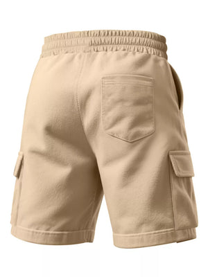 Khaki men's cargo shorts with elastic drawstring waist and multiple pockets.