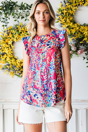 Painterly ruffle sleeve blouse in multi with abstract print and crew neck.