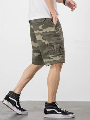 Men's plus-size cargo shorts in camouflage pattern with relaxed fit and multiple pockets.