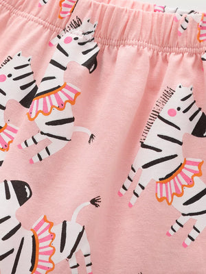 Pink cotton blend toddler shorts with a playful zebra print and elastic waistband.