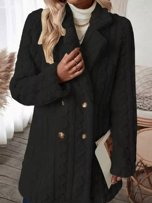 Black faux shearling double-breasted coat with gold buttons and textured fabric.