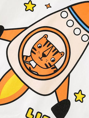 White cotton crew neck t-shirt with cartoon tiger in a rocket graphic and yellow stars.