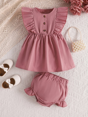 Pink baby set with ruffle sleeves, button front dress, and bloomer shorts.