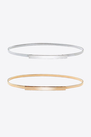 Slimline gold and silver elastic waist belts with flat buckle detail