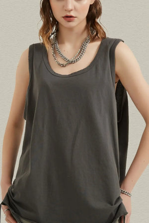 Dark gray raw edge scoop neck tank top with a relaxed fit.