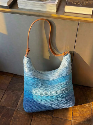 Straw Woven Shoulder Bag in Blue, side view