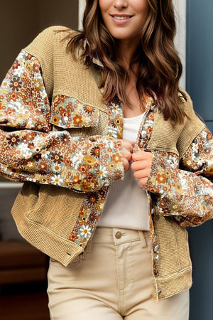 Waffle knit jacket in khaki with floral panel sleeves and chest pockets.