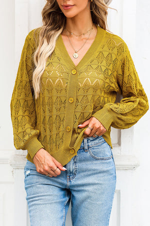 Openwork knit cardigan in Chartreuse with balloon sleeves and button front.