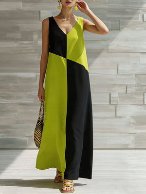 Maxi dress with V-neck, sleeveless, and geometric colorblock in lime and black.