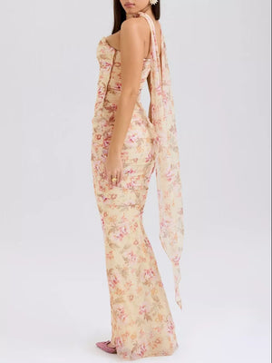 Yellow floral print sweetheart tube top maxi dress with draped scarf detail
