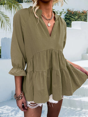 Moss tiered linen blouse with ruffled sleeves and V-neck