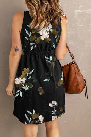 Black floral sleeveless midi dress with elastic waist