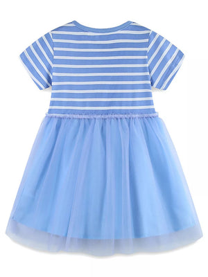 Baby blue tulle dress with white striped bodice and ruffled waist