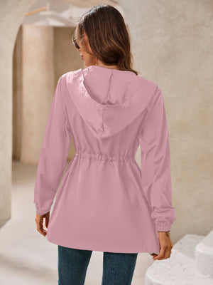 Dusty Pink hooded jacket with cinched waistline and elastic cuffs