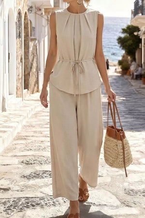 Pleated Sleeveless Top And Wide-leg Pants Set in Beige, model styling view