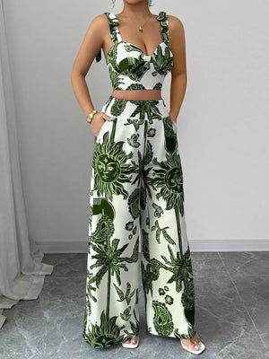 Green tropical print crop top and wide-leg pants set with tie straps and smocked waist