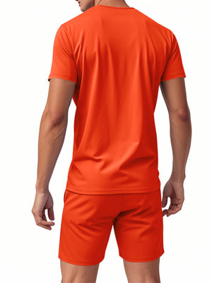 Orange v-neck tee and shorts set with drawstring shorts