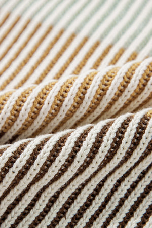 Ribbed knit sweater with brown and tan stripes, acrylic material.