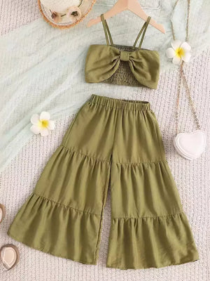 Children's Smocked Bow Cami And Pants Set in Olive, side view
