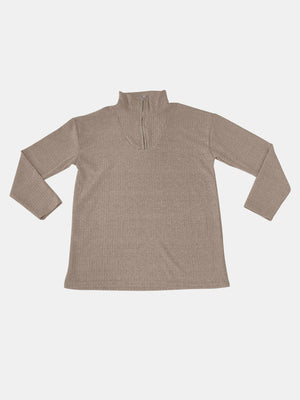 Taupe ribbed knit quarter-zip pullover sweater with a mock neck.