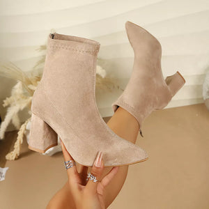 Point Toe Block Heel Ankle Boots in Black, fit detail