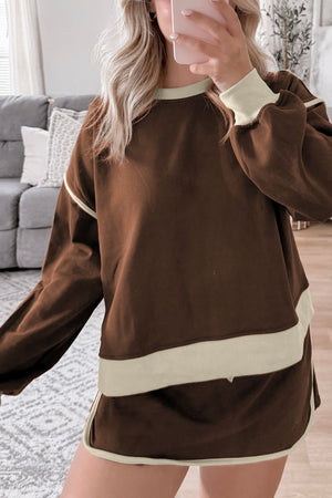 Brown sweatshirt and skort set with contrast trim and crew neck