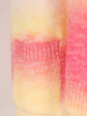 Knit cardigan with rainbow gradient in pink and yellow, featuring a pocket detail.