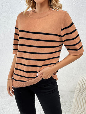 Caramel striped knit top with button shoulder detail and short sleeves