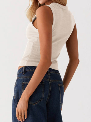 Eggshell ribbed knit button-down crop top with a collar detail.