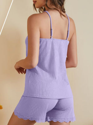 Lavender ribbed cami and shorts set with lace trim detail