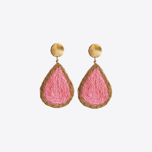 Pink raffia teardrop statement earrings with gold stud and natural raffia trim