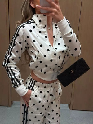 Polka Dot Zip Up Outerwear And Pants Set in Black, close-up detail