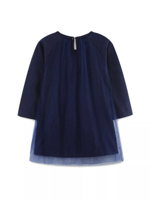 Dark navy baby dress with long sleeves and a layered tulle skirt.