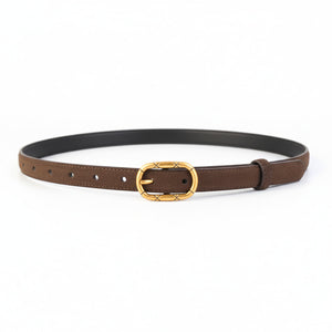 Brown cowhide leather belt with ornate golden buckle and stitched detail