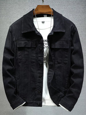 Men's Plus Size Button Up Denim Jacket in Black, close-up detail