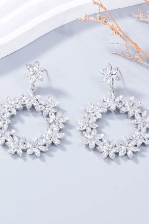 Silver floral halo drop earrings with crystal accents