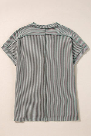 Dark Gray vertical stripe t-shirt with a collared neckline and short sleeves.