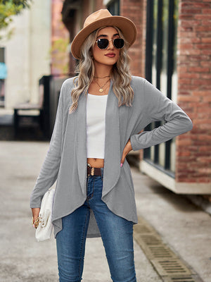 Draped cascade cardigan in gray with open front and long sleeves.