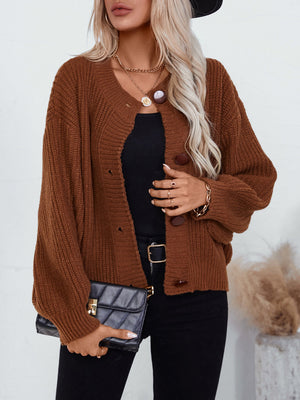 Brown ribbed knit button-up cardigan with round neckline and balloon sleeves.