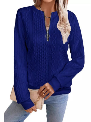 Chic Cable Texture Quarter-zip Sweatshirt in Blue, alternate angle