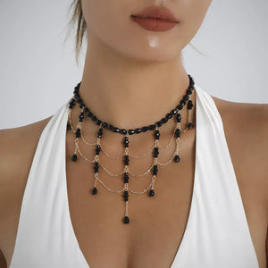 Beaded Choker Necklace With 18k Gold in Black, front view