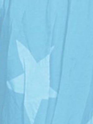 Pastel blue harem trousers with a white star print and gathered waist detail.
