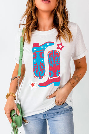 White t-shirt with red and blue boot graphic and stars, casual short sleeve style.