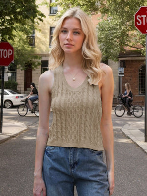 Beige cable knit tank top with V-neck and sleeveless design.