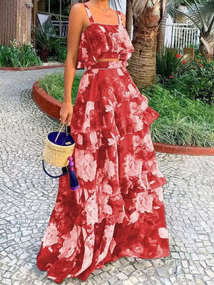 Ruffled floral two-piece set in strawberry red with tiered skirt and crop top.