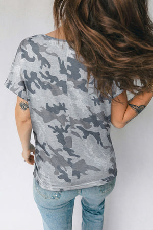 Grey camouflage print t-shirt with crew neck and short sleeves.