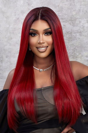 Crimson straight lace front wig with red ombre color, styled with a center part.